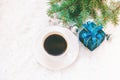 Cup of coffee on a christmas background. Christmas morning. Selective focus. Royalty Free Stock Photo