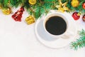 Cup of coffee on a christmas background. Christmas morning. Selective focus. Royalty Free Stock Photo