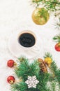 Cup of coffee on a christmas background. Christmas morning. Selective focus. Royalty Free Stock Photo