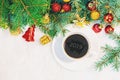 Cup of coffee on a christmas background. Christmas morning. Selective focus. Royalty Free Stock Photo