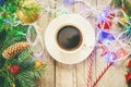 cup of coffee on a christmas background. Christmas morning. Selective focus. Royalty Free Stock Photo