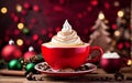 cup of coffee and christmas cookies with whipped cream in red cup on wooden table Royalty Free Stock Photo