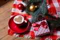 Cup of coffee and christmas decorations Royalty Free Stock Photo
