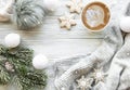 Cup of coffee and Christmas decorations Royalty Free Stock Photo