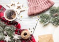 Cup of coffee and Christmas decorations Royalty Free Stock Photo