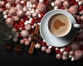 Cup of coffee and christmas sweets on a black background.