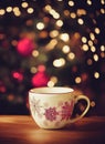 Cup of coffee with Christmas tree and bokeh background Royalty Free Stock Photo