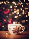 Cup of coffee and Christmas tree with bokeh background Royalty Free Stock Photo