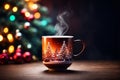 Cup of coffee with christmas tree and bokeh background Royalty Free Stock Photo
