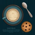 A cup of coffee with a Christmas tree pattern, oatmeal cookies with chocolate chips and a teaspoon on a dark blue