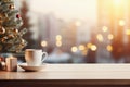 Cup of coffee and christmas tree on wooden table with bokeh background Royalty Free Stock Photo