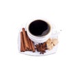 Cup of coffee with cinnamon, an anisetree and sugar Royalty Free Stock Photo