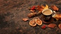 Cup of coffee with cinnamon and fallen leaves on an old rusty table, grunge, seasonal banner. Autumn flower composition, abstract Royalty Free Stock Photo