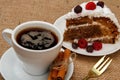 Cup of coffee, cinnamon, fork and slice of biscuit cake decorate Royalty Free Stock Photo