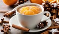 A cup of coffee with cinnamon and orange slices