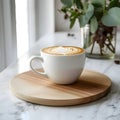 A cup of coffee on a circular wooden board, blurred background with flowers