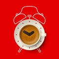 Cup of coffee with clock hands and silhouette of alarm clock