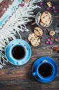 The cup of coffee, coffee beans and cookies-hearts related together on wooden table Royalty Free Stock Photo