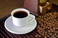 A cup of coffee and coffee beans