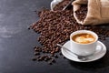 Cup of coffee and coffee beans in a sack Royalty Free Stock Photo