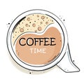 Cup of coffee with coffee time text isolated on white background. Vector illustration. Royalty Free Stock Photo