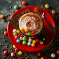 Cup of coffee with colorful candies on saucer with chocolate and coffee beans on dark table Royalty Free Stock Photo