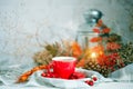 Cup of coffee, cones and autumn leaves on a wooden table. Autumn background. Royalty Free Stock Photo