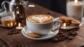 cup of coffee and cookie, A heart-shaped latte art on a white coffee cup. The cup is placed on a wood tab with some candles