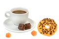 Cup of coffee, cookies, chocolate and marmalade isolated on a white . Collage Royalty Free Stock Photo