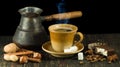 Cup of coffee, cookies, coffee beans and cinnamon close-up Royalty Free Stock Photo