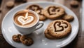 cup of coffee and cookies A heart-shaped latte art on a white coffee cup. The cup is placed on a wood tab with some candle Royalty Free Stock Photo
