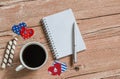 Cup of coffee, cookies and open a clean Notepad. Top view, free space for text. Royalty Free Stock Photo