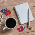 Cup of coffee, cookies and open a clean Notepad. Top view, free space for text. Royalty Free Stock Photo