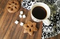 Cup of coffee cookies wooden board, sweater, sugar, care, cozy Royalty Free Stock Photo