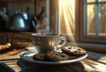 Cup of hot coffee and cookies on a wooden table Royalty Free Stock Photo