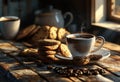 Cup of hot aroma coffee and cookies on a wooden table Royalty Free Stock Photo
