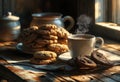 Cup of hot coffee and cookies on a wooden table Royalty Free Stock Photo