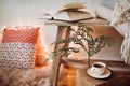 Cup of coffee in cozy reading space on the floor