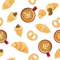 Seamless background with coffee and bun. Croissant with chocolate and a cup of coffee, latte