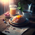 Cup of coffee, croissant and orange juice on wooden table