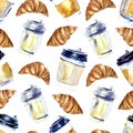 Cup of coffee and croissant seamless pattern. Watercolor illustration.