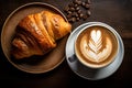 Cup of coffee and croissant. Traditional french breakfast. Generative Ai