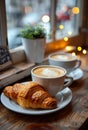 Cup of coffee and croissant on wooden table in cafe Royalty Free Stock Photo