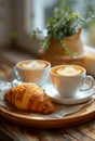 Cup of coffee and croissant on wooden tray Royalty Free Stock Photo