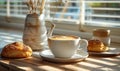 Cup of coffee and croissants on wooden table Royalty Free Stock Photo