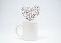 Cup of coffee, cup of tea with heart shape made of glitters with copy space on white background, happy valentine`s day, mother`s Royalty Free Stock Photo