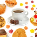 Cup of coffee, cupcake, chocolate, cake and marmalade isolated on white. Collage Royalty Free Stock Photo