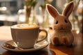 Cup of coffee with cute bunny on table in cafe, closeup, Chocolate easter bunny sitting, AI Generated