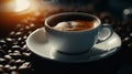 Cup of coffee in dark moody table with coffee beans