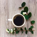Cup of coffee decorated with green branches of ghostberry on wooden table. Top view, flat lay Royalty Free Stock Photo